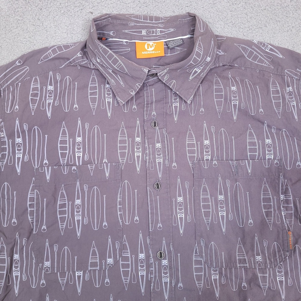 Merrell Shirt Mens Large Gray Canoe Kayak Paddle Print Short‎ Sleeve Button Down